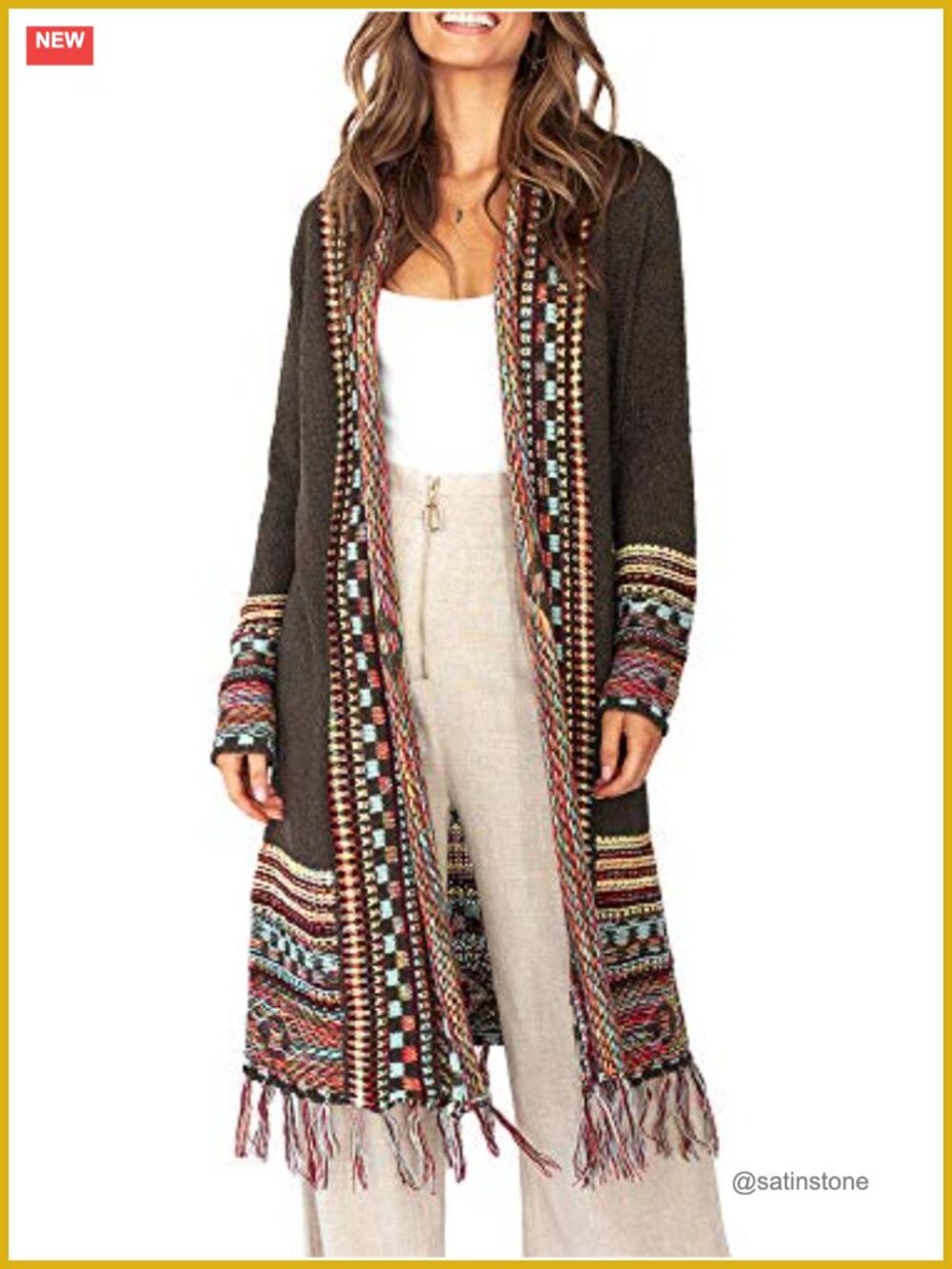 Women's Long Open Front Boho Cardigan Sweater with Tassel Fringe